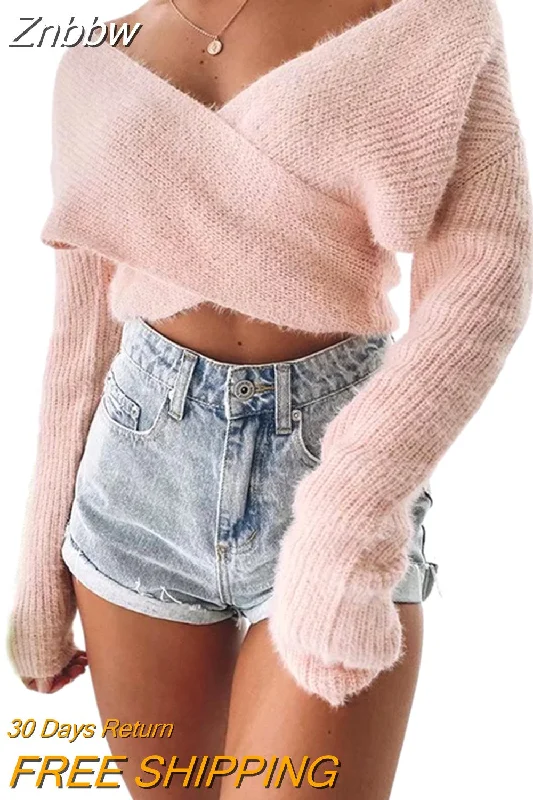 Znbbw Fashion Fall Winter Sexy Casual Cross Wrap Sweater Women Long Sleeve V Neck Solid Slim Fit Knitted Pullover Tops Crop Top