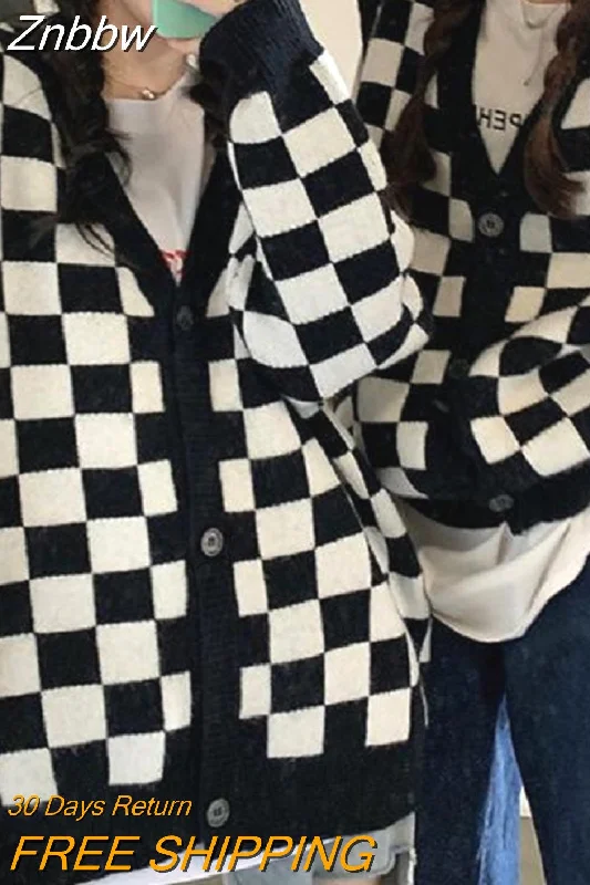 Znbbw Korean Style Oversize Plaid Cardigan Sweater Women Vintage Checkerboard Knit Jacket Fashion Long Sleeve Jumper Female