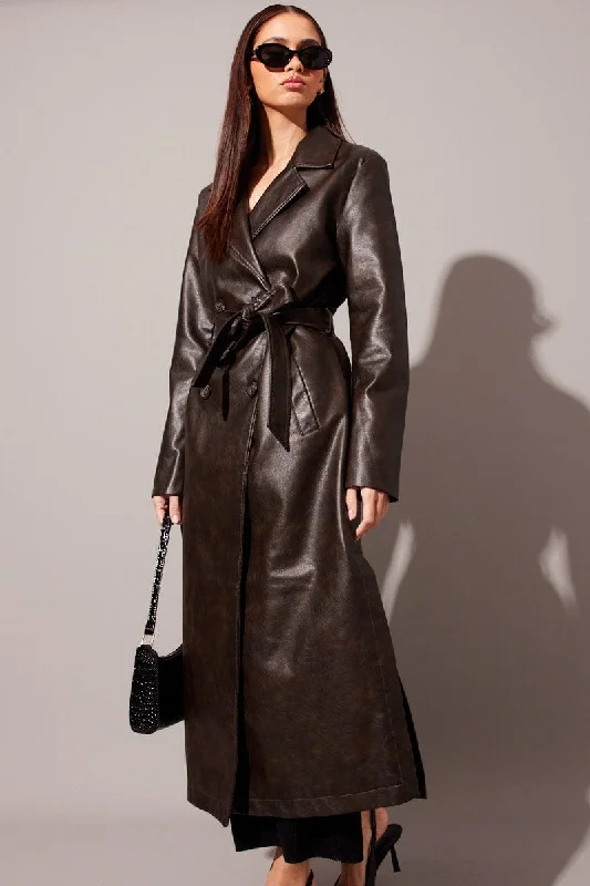 Brown Trench Coat Long Sleeves Faux Leather