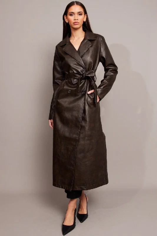 Brown Trench Coat Long Sleeves Faux Leather