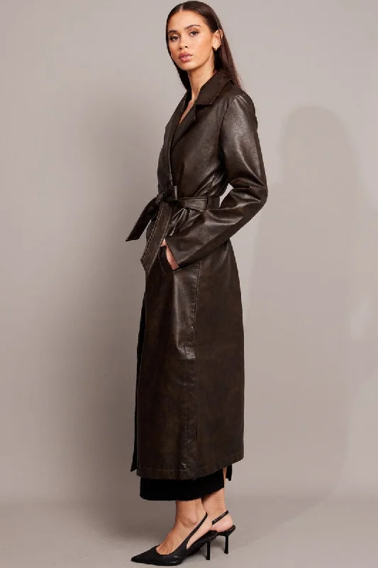 Brown Trench Coat Long Sleeves Faux Leather