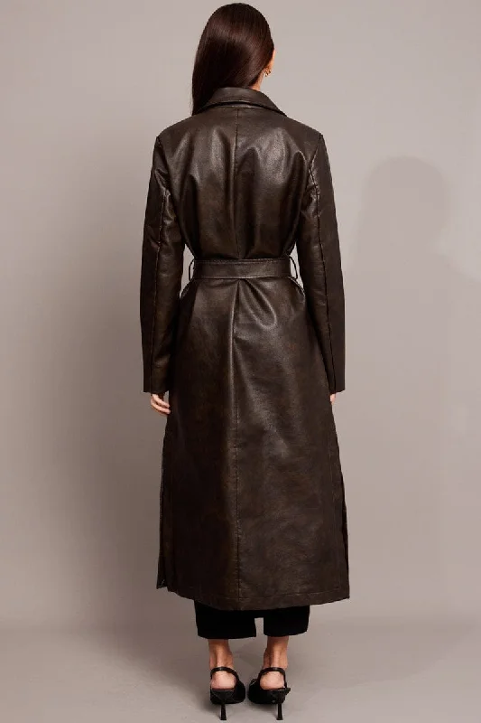 Brown Trench Coat Long Sleeves Faux Leather