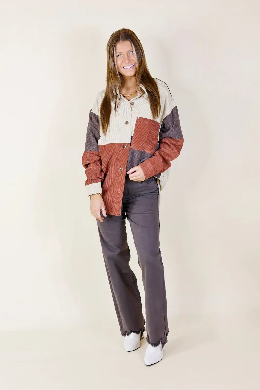 Casual Cuddles Color Block Corduroy Shacket in Brown Mix