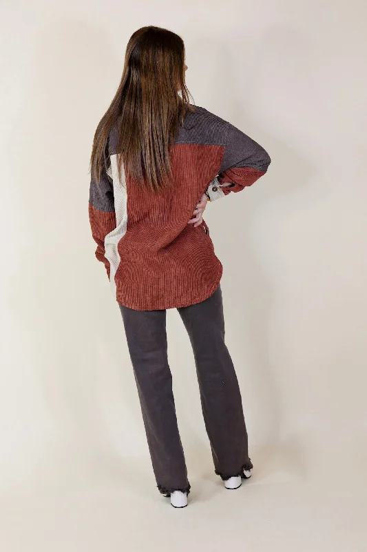 Casual Cuddles Color Block Corduroy Shacket in Brown Mix