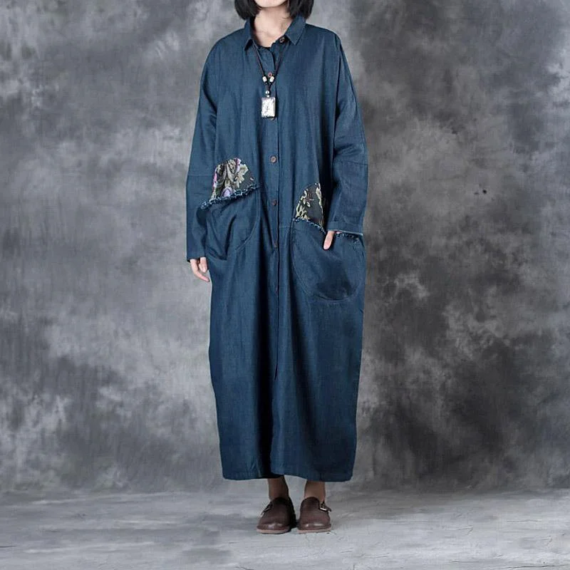 denim blue vintage cotton trench coat plus szie big pockets prints long coats