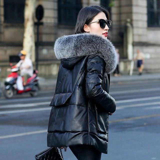 Genuine Leather Jacket Women Fox Fur and Hooded