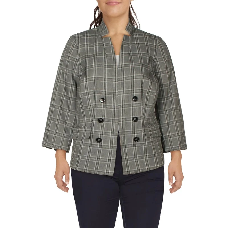 Le Suit Womens Plus Plaid Open Front Double-Breasted Blazer