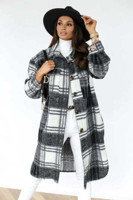 Women's Long-sleeved Plaid Print Mid-length Shirt Jacket