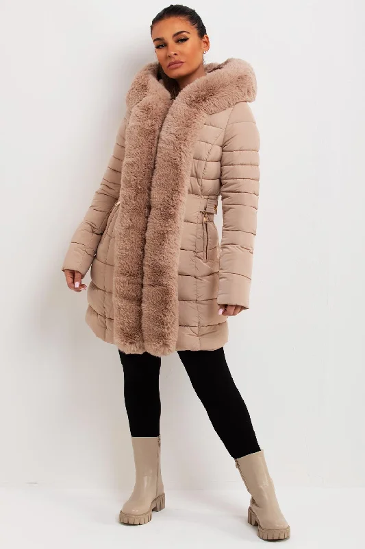 Puffer Padded Coat With Faux Fur Hood Beige