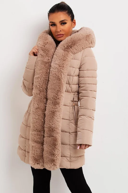 Puffer Padded Coat With Faux Fur Hood Beige