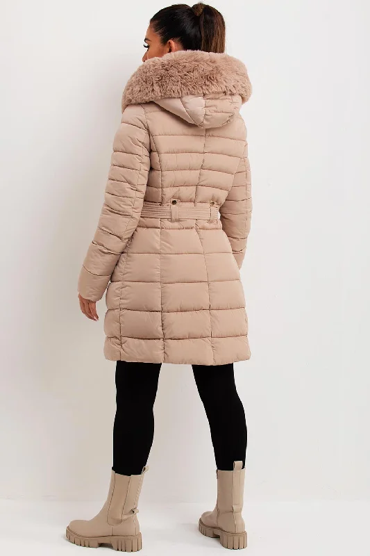 Puffer Padded Coat With Faux Fur Hood Beige