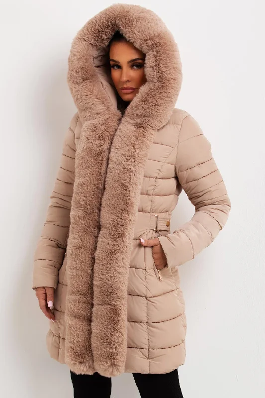 Puffer Padded Coat With Faux Fur Hood Beige