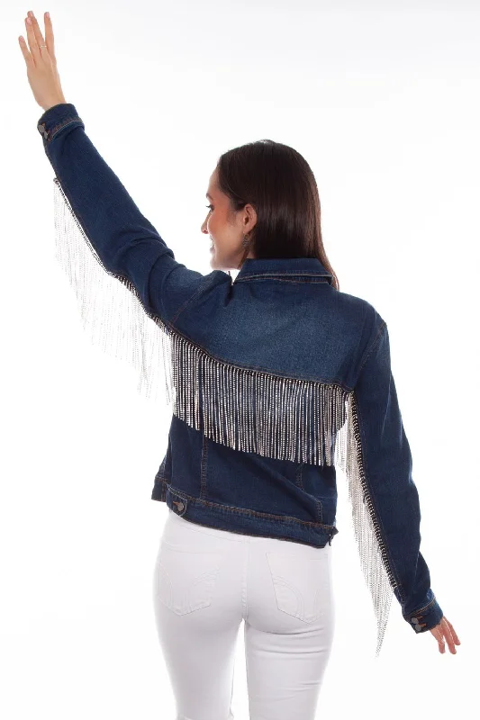 Scully Womens Denim Cotton Blend Rhinestone Fringe Jacket