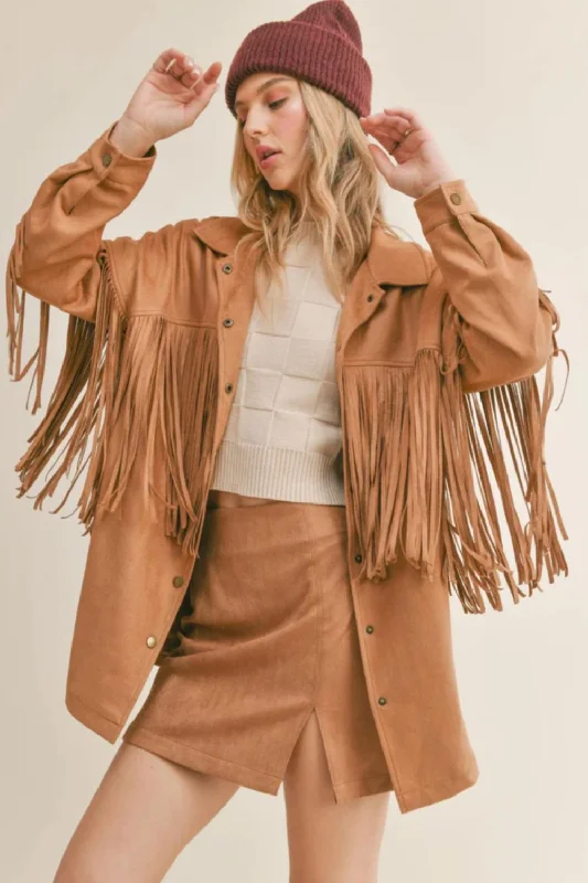 She’S Magic Suede Fringe Shacket In Brown