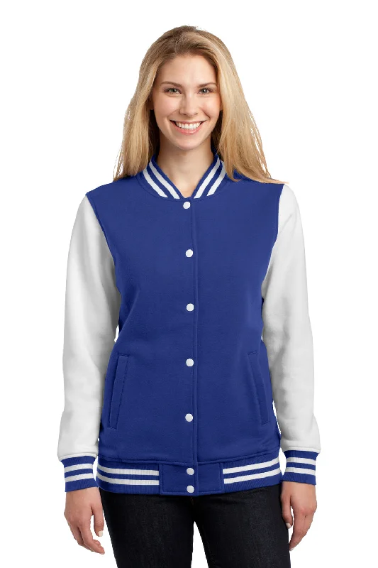 Sport-Tek Womens Snap Down Fleece Letterman Jacket - True Royal Blue/White - Closeout