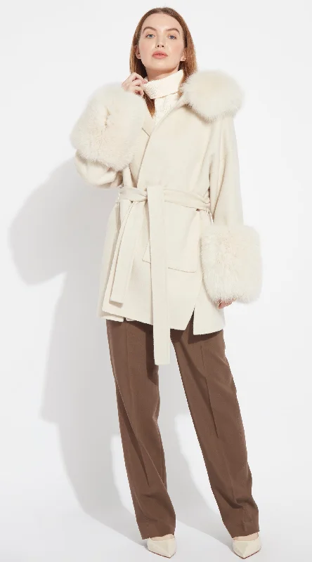 The London Cashmere & Fox Fur Belted/Cuffed Coat - Buttermilk