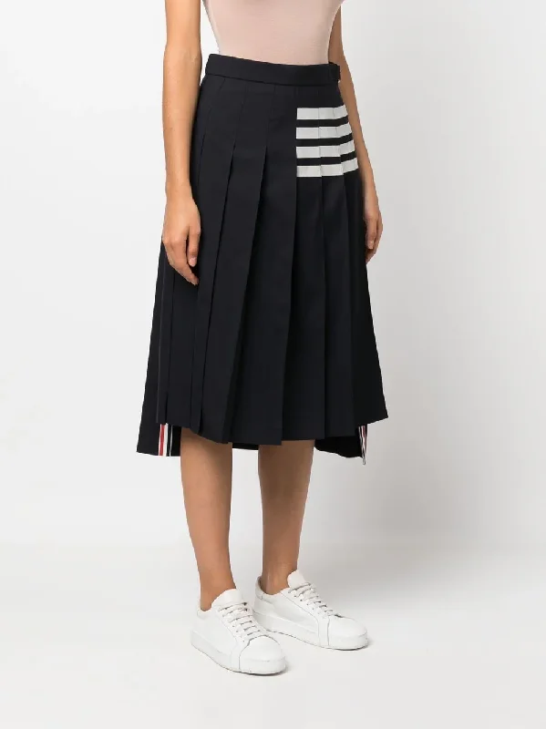 THOM BROWNE Women Below Knee Dropped Back Pleated Skirt in Engineered 4 Bar Plain Weave Suiting