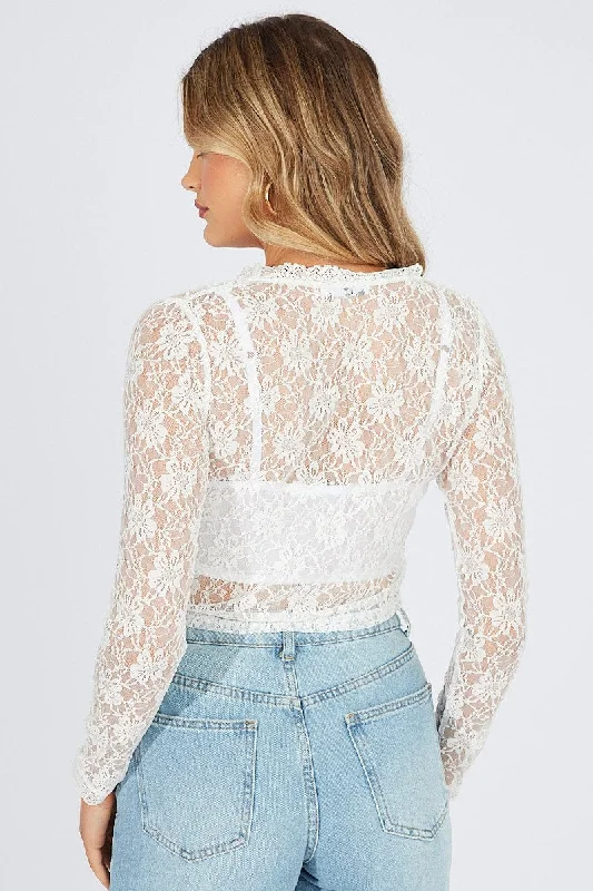 White Lace Top Tie Front Long Sleeve