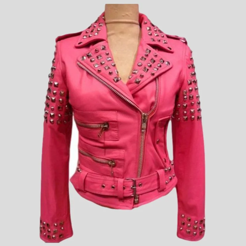 Women’s Golden Studded Pink Biker Leather Jacket