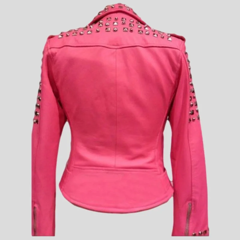 Women’s Golden Studded Pink Biker Leather Jacket