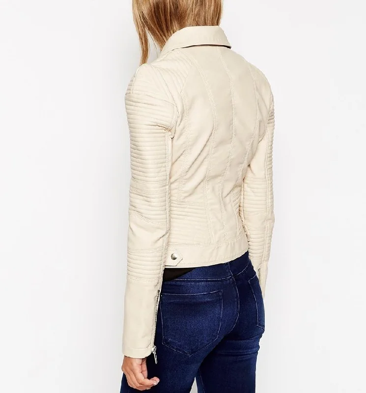 Women's Off White Quilted Leather Jacket WJ039