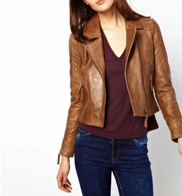 Women's Distressed Tan Rub-off Sheep Leather Spread Collar Jacket