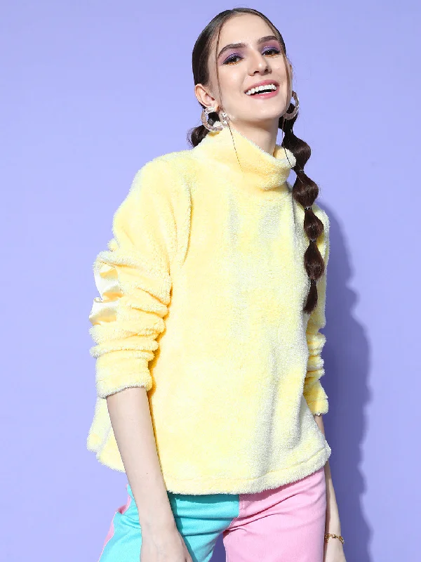 Women Yellow High Neck Fur Sweatshirt