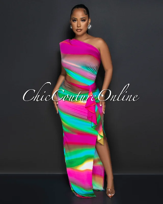 Cloris Multi-Color Print Cut-Out Ruffle Maxi Dress