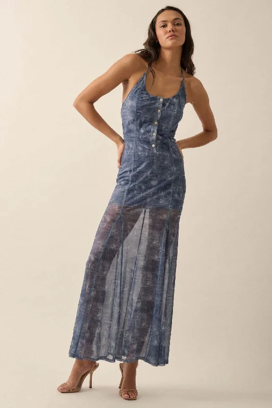 Here We Indigo Denim-Print Mesh Halter Maxi Dress