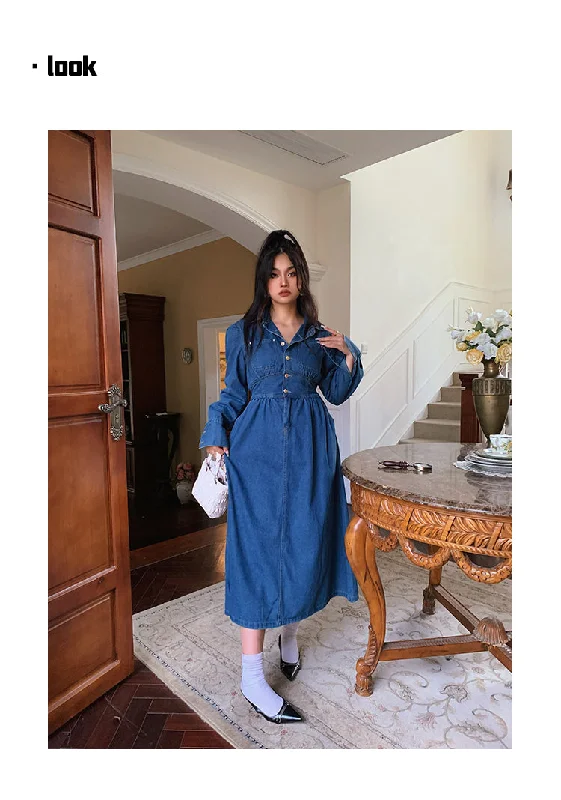 Lesley Dark Blue Denim Button Up Long Sleeve Long Dress