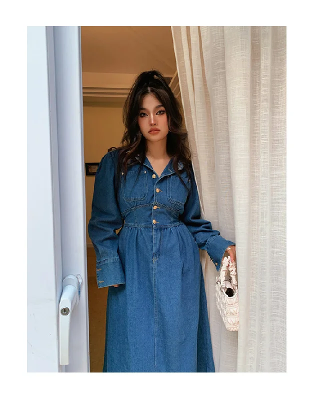 Lesley Dark Blue Denim Button Up Long Sleeve Long Dress