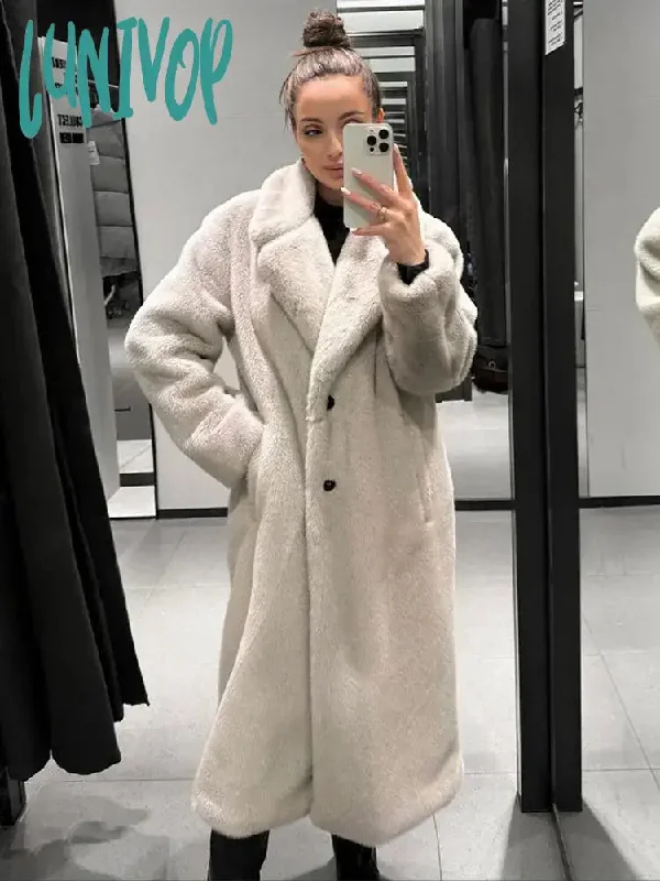 Lunivop Elegant Solid Thick Plush Coat For Women Casual Lapel Long Sleeve Single Breasted Fur Jacket  Winter Female Fashion Ouercoat