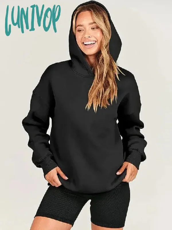 Lunivop Solid Color Long Sleeve Hoodies Women Casual Pink Black Warm Hood Sweatshirt Female Tracksuit Loose Ladies Sports Shirt