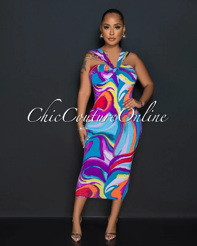 Lynne Purple Multi-Color Print Midi Dress