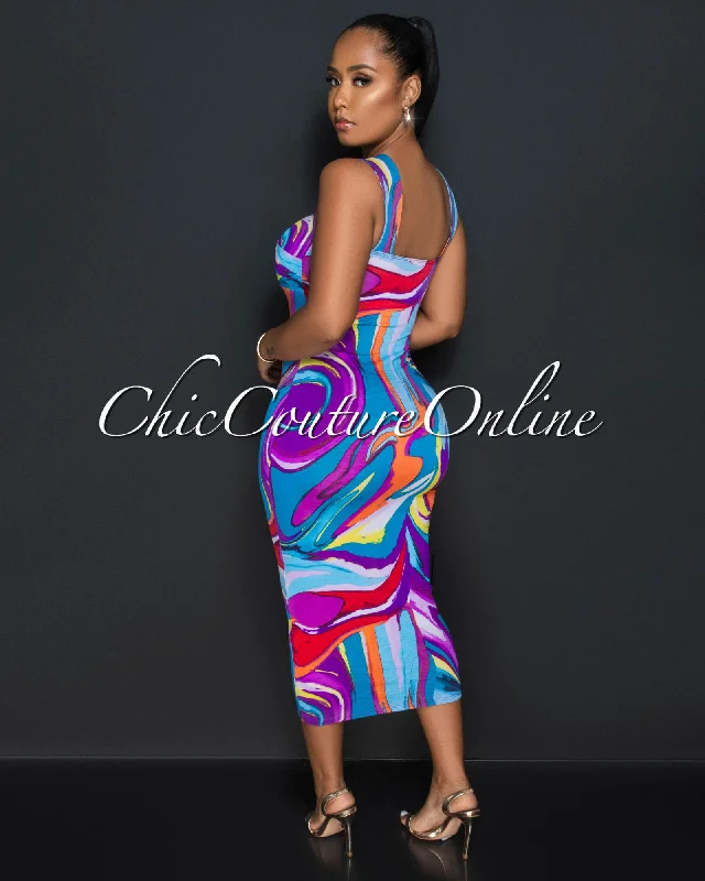 Lynne Purple Multi-Color Print Midi Dress