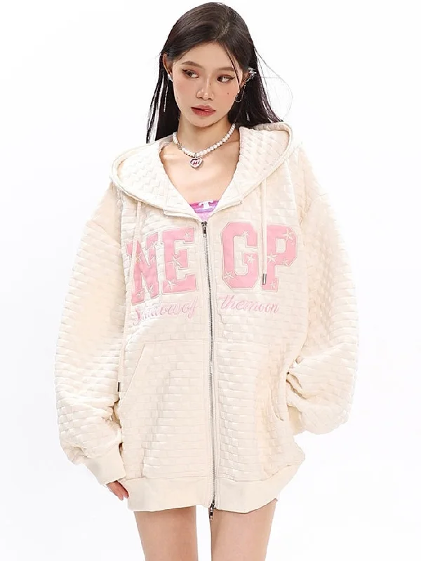 NEGP Faux Leather Letter Patchwork Zip Up Hoodie