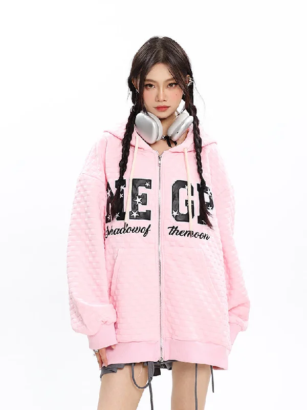 NEGP Faux Leather Letter Patchwork Zip Up Hoodie