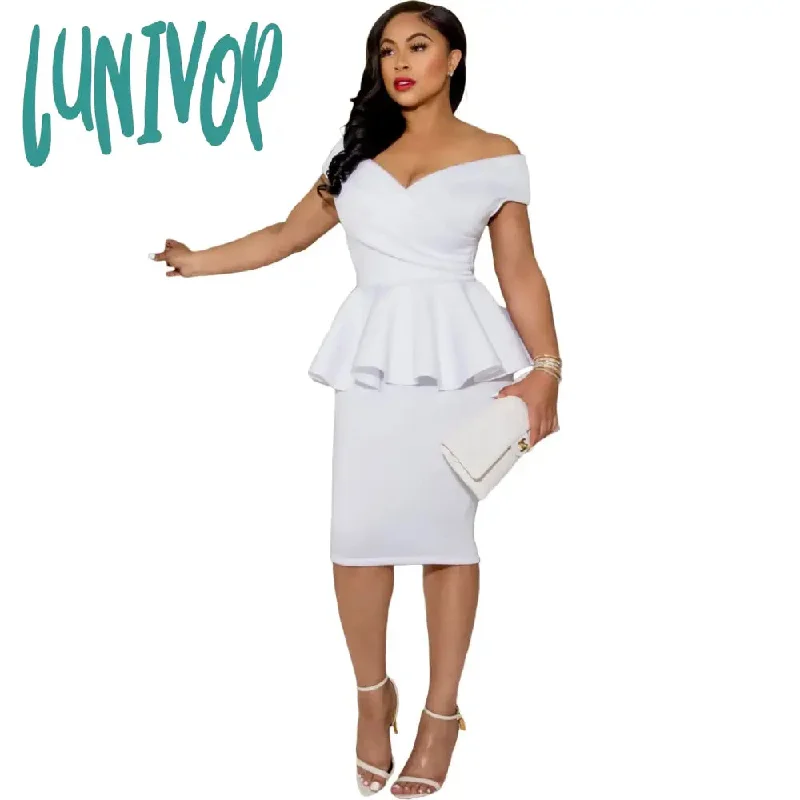 Lunivop Women Pencil Dress Summer New Ruffles Patchwork High Waist Office Ladies Bodycon Dress Sexy Women Slim Party White OL Clothes