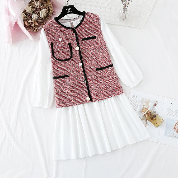 Two piece suit foreign style small fragrance vest LINED SKIRT loose A-line skirt  2357