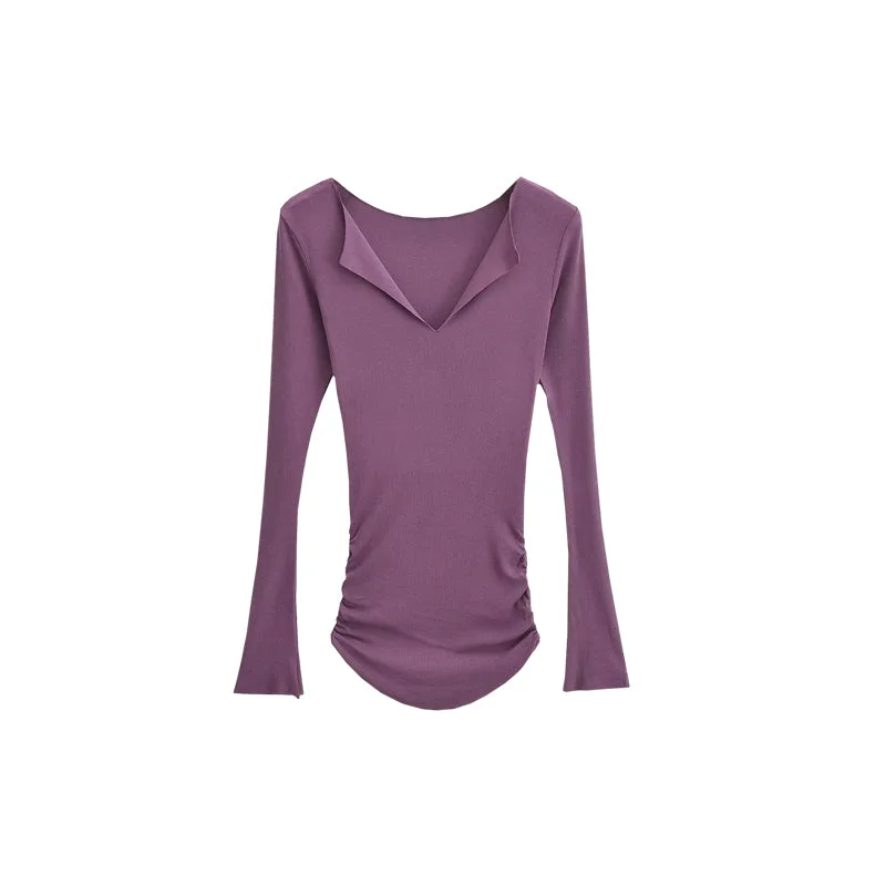 Barbara Solid Color V-Neck Long Sleeve Flare Sleeve Slim Ruched Top