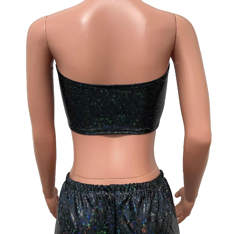 Black Holographic Shattered Glass Lace-up Tube Top Bandeau