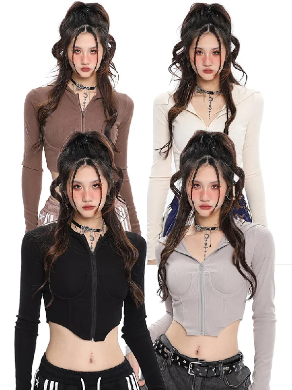 Britney Solid Color Long Sleeve Slim Underbust Corset Hooded Top