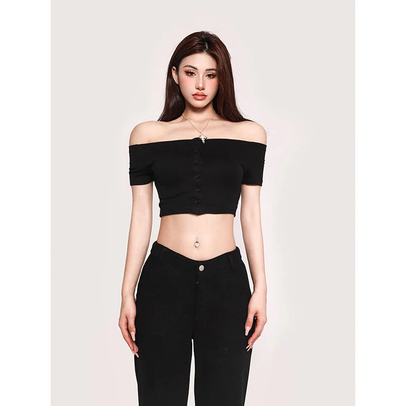 Carla Solid Color Off-the-Shoulder Button Up Slim Cropped Top