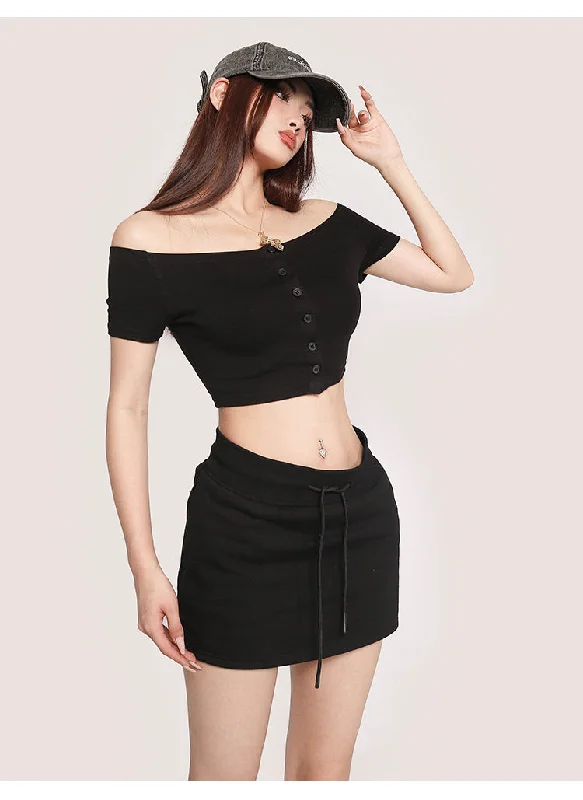 Carla Solid Color Off-the-Shoulder Button Up Slim Cropped Top