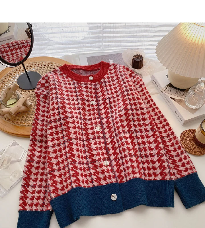 Design contrast color thousand bird check long sleeve coat  6072