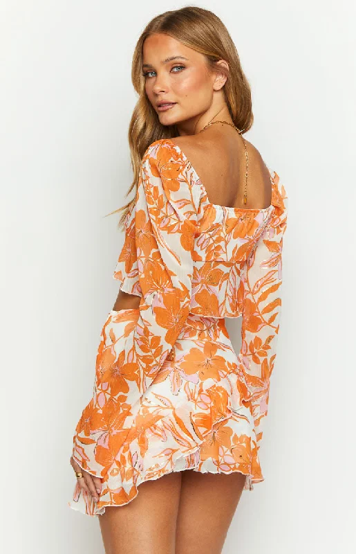 Jayella Orange Floral Long Sleeve Top