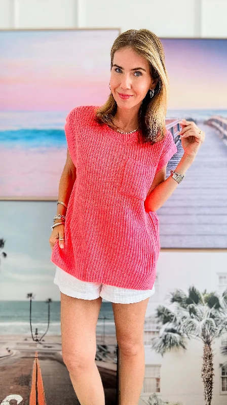 Knitted Crew Neck Slipover Sweater Sleeveless- Coral