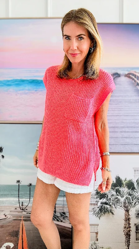 Knitted Crew Neck Slipover Sweater Sleeveless- Coral