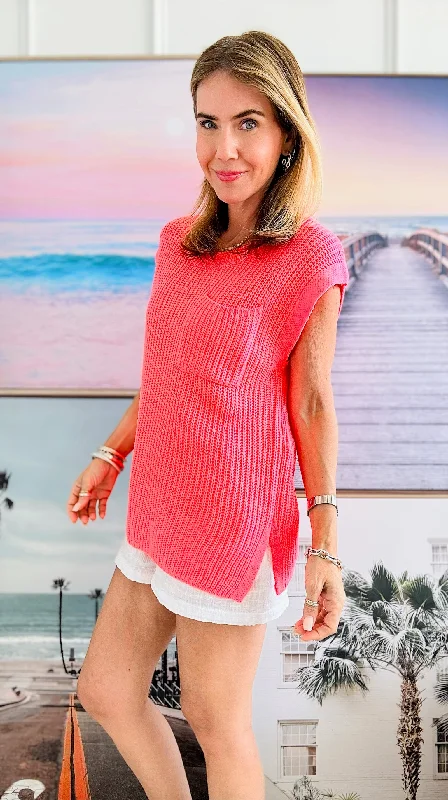 Knitted Crew Neck Slipover Sweater Sleeveless- Coral