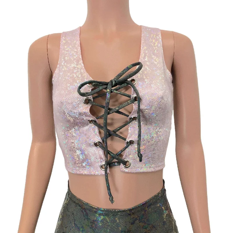 Lace-Up Crop Tank Top - Pink Shattered Glass Holographic